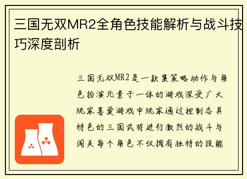 三国无双MR2全角色技能解析与战斗技巧深度剖析