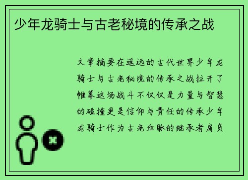 少年龙骑士与古老秘境的传承之战