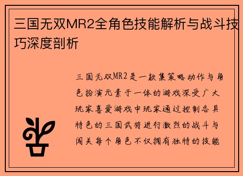 三国无双MR2全角色技能解析与战斗技巧深度剖析